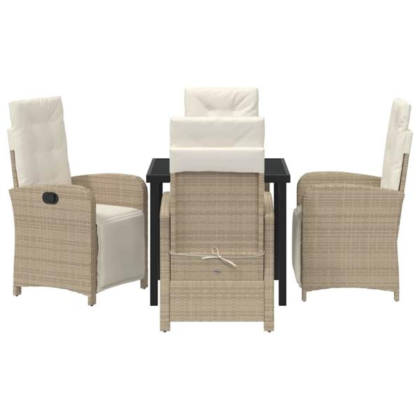5-teiliges Garten-EssSet mit Kissen in Beige aus Poly Rattan, Gartentisch Schwarz 80x80x73 cm mit Sicherheitsglas