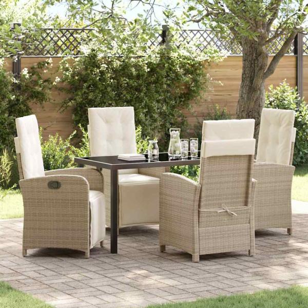 ARDEBO.de - 5-teilige Garten-Essgruppe mit Kissen Beige Poly Rattan, Gartentisch Schwarz 140x80x73 cm Sicherheitsglas