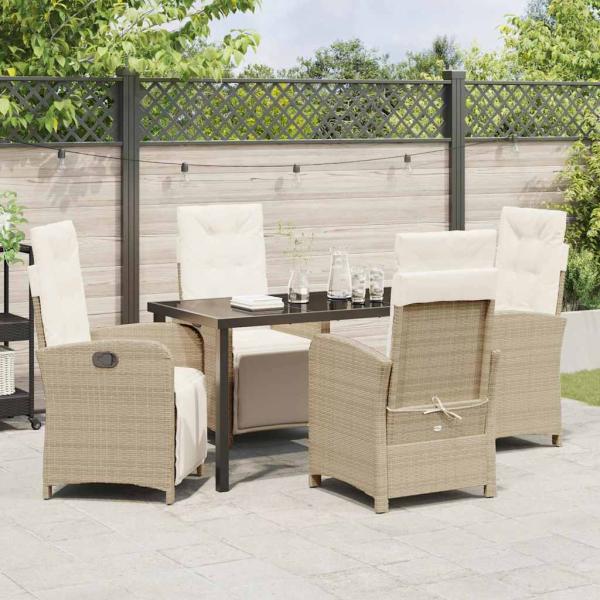 5-teilige Garten-Essgruppe mit Kissen Beige Poly Rattan, Gartentisch Schwarz 140x80x73 cm Sicherheitsglas
