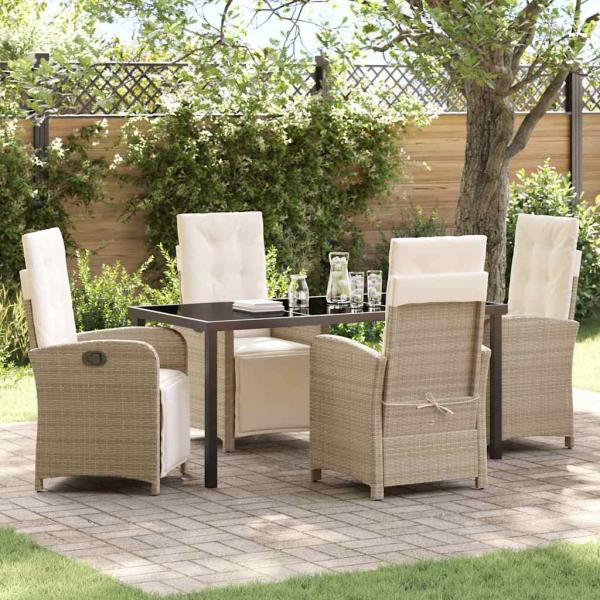ARDEBO.de - 5-teiliges Garten Essset mit Kissen in Beige Poly Rattan, Gartentisch Schwarz 160x80x73 cm Tempered Glass