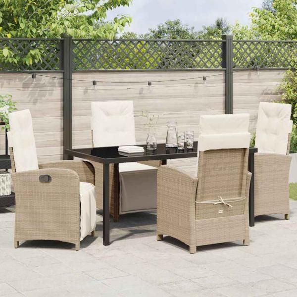 5-teiliges Garten Essset mit Kissen in Beige Poly Rattan, Gartentisch Schwarz 160x80x73 cm Tempered Glass