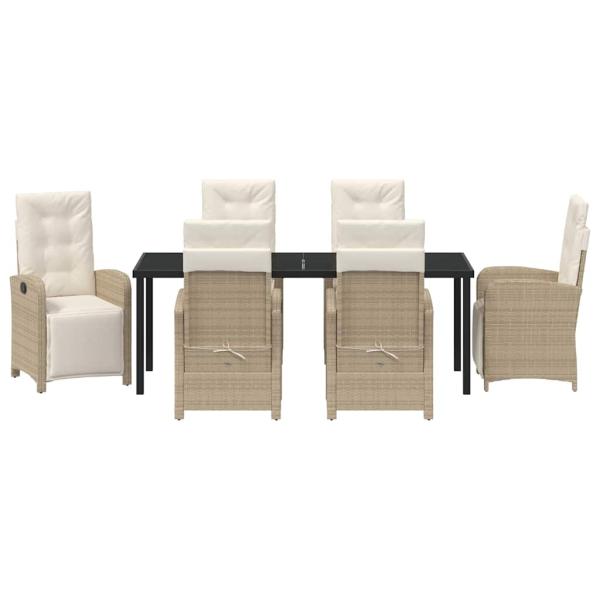 ARDEBO.de - 7-teiliges Gartentisch-Set mit Kissen aus beigem Poly-Rattan, Gartentisch schwarz 200x80x73 cm mit Sicherheitsglas