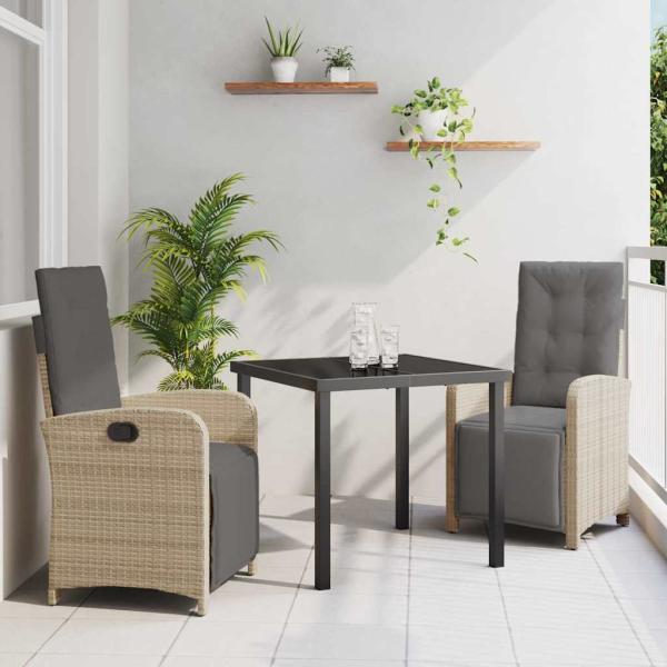 ARDEBO.de - 3-teiliges Garten Essgruppe mit Kissen Beige Poly Rattan, Gartentisch Schwarz 80x80x73 cm Sicherheitsglas