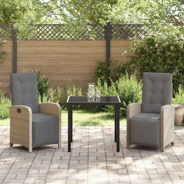 3-teiliges Garten Essgruppe mit Kissen Beige Poly Rattan, Gartentisch Schwarz 80x80x73 cm Sicherheitsglas