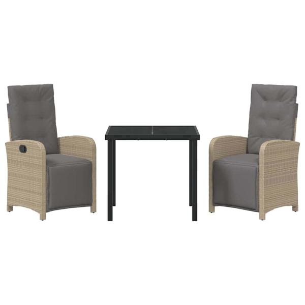 3-teiliges Garten Essgruppe mit Kissen Beige Poly Rattan, Gartentisch Schwarz 80x80x73 cm Sicherheitsglas