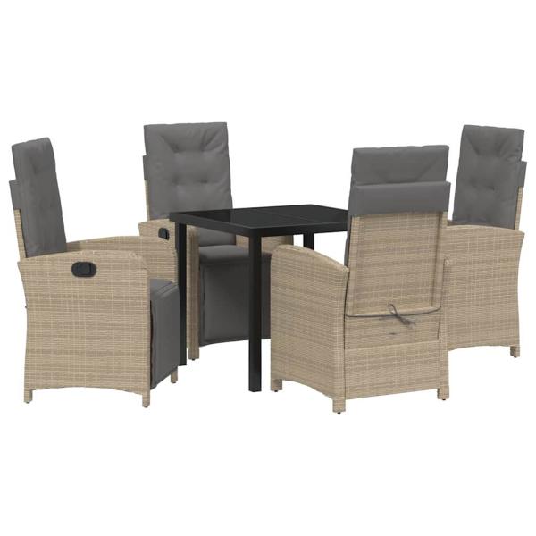 5-teiliges Garten Essset mit Kissen Beige Poly Rattan, Gartentisch Schwarz 80x80x73 cm mit Sicherheitsglas