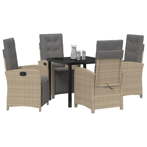 5-teiliges Garten Essset mit Kissen Beige Poly Rattan, Gartentisch Schwarz 80x80x73 cm mit Sicherheitsglas