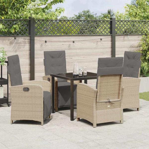 5-teiliges Garten Essset mit Kissen Beige Poly Rattan, Gartentisch Schwarz 80x80x73 cm mit Sicherheitsglas