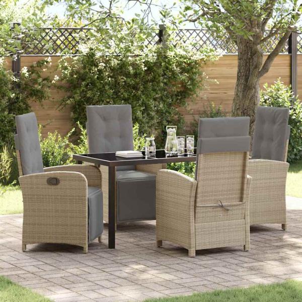 ARDEBO.de - 5-teiliges Garten Essgruppe mit Kissen Beige Poly Rattan, Gartentisch Schwarz 140x80x73 cm Tempered Glas