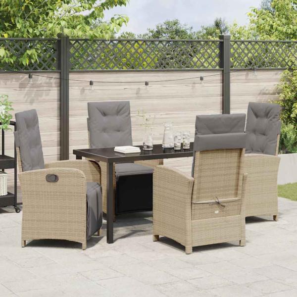 5-teiliges Garten Essgruppe mit Kissen Beige Poly Rattan, Gartentisch Schwarz 140x80x73 cm Tempered Glas