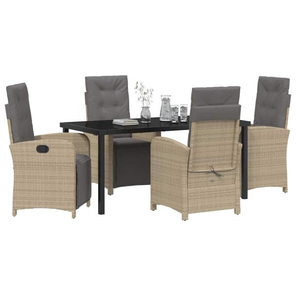 5 Teiliges Garten Esstisch Set mit Kissen Beige Poly Rattan, Gartentisch Schwarz 160x80x73 cm Temperglas