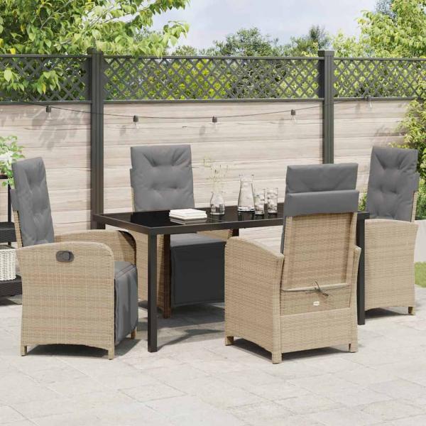 5 Teiliges Garten Esstisch Set mit Kissen Beige Poly Rattan, Gartentisch Schwarz 160x80x73 cm Temperglas