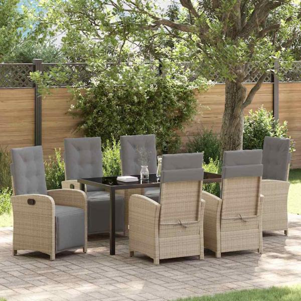 ARDEBO.de - 7-teiliges Garten Essset mit Kissen Beige Poly Rattan, Gartentisch Schwarz 160x80x73 cm Sicherheitsglas