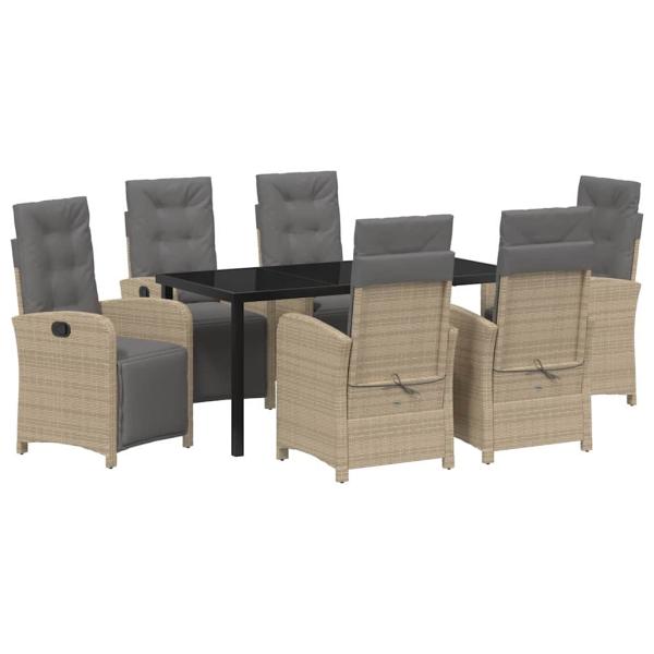 7-teiliges Garten Essset mit Kissen Beige Poly Rattan, Gartentisch Schwarz 160x80x73 cm Sicherheitsglas