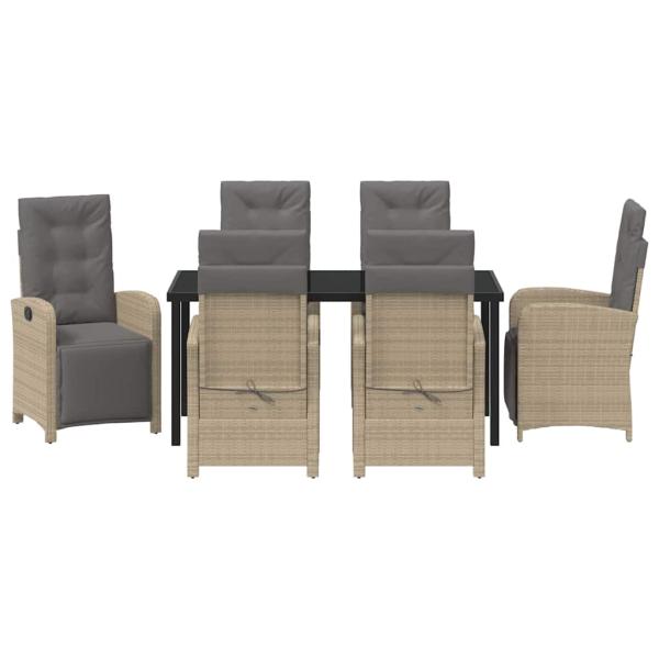 7-teiliges Garten Essset mit Kissen Beige Poly Rattan, Gartentisch Schwarz 160x80x73 cm Sicherheitsglas