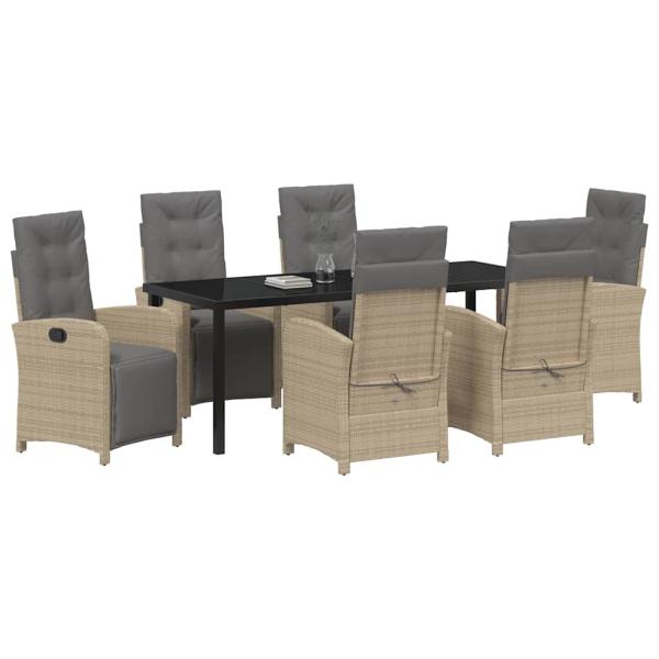 ARDEBO.de - 7-teiliges Garten-Essset mit Kissen Beige Poly Rattan, Gartentisch Schwarz 200x80x73 cm mit Sicherheitsglas