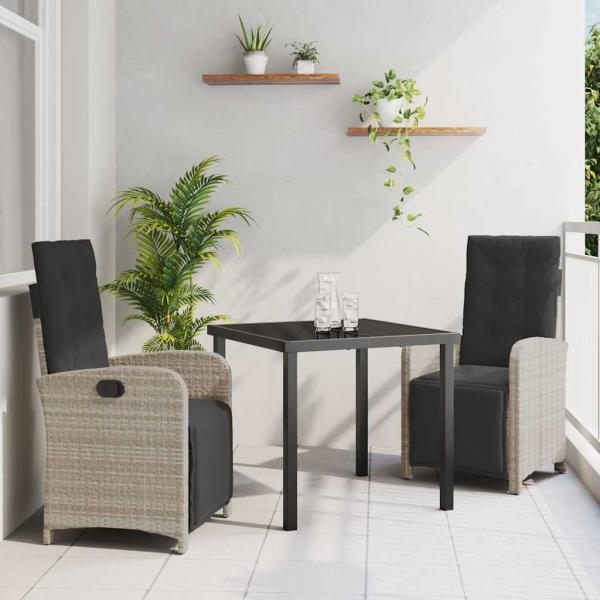 ARDEBO.de - 3-teiliges Garten-Essgruppen-Set mit Kissen aus hellgrauem Poly-Rattan, Gartentisch Schwarz 80x80x73 cm Sicherheitsglas