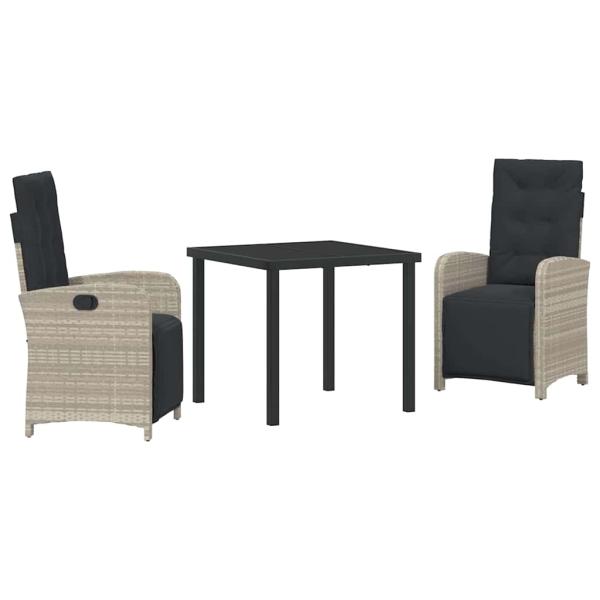 3-teiliges Garten-Essgruppen-Set mit Kissen aus hellgrauem Poly-Rattan, Gartentisch Schwarz 80x80x73 cm Sicherheitsglas