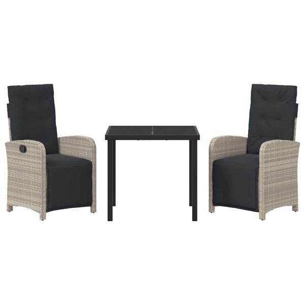 3-teiliges Garten-Essgruppen-Set mit Kissen aus hellgrauem Poly-Rattan, Gartentisch Schwarz 80x80x73 cm Sicherheitsglas