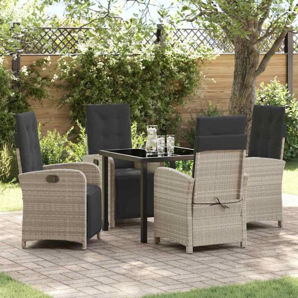 ARDEBO.de - 5-teiliges Gartendining-Set mit Kissen Hellgrau Poly Rattan, Gartentisch Schwarz 80x80x73 cm Sicherheitsglas