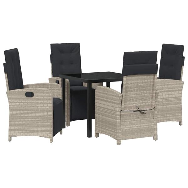 5-teiliges Gartendining-Set mit Kissen Hellgrau Poly Rattan, Gartentisch Schwarz 80x80x73 cm Sicherheitsglas
