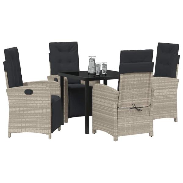 5-teiliges Gartendining-Set mit Kissen Hellgrau Poly Rattan, Gartentisch Schwarz 80x80x73 cm Sicherheitsglas