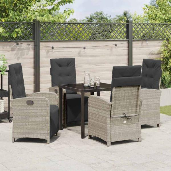 5-teiliges Gartendining-Set mit Kissen Hellgrau Poly Rattan, Gartentisch Schwarz 80x80x73 cm Sicherheitsglas