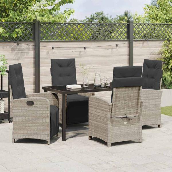 5-teilige Garten Essgruppe mit Kissen in Hellgrau aus Poly-Rattan, Gartentisch Schwarz 140x80x73 cm Sicherheitsglas