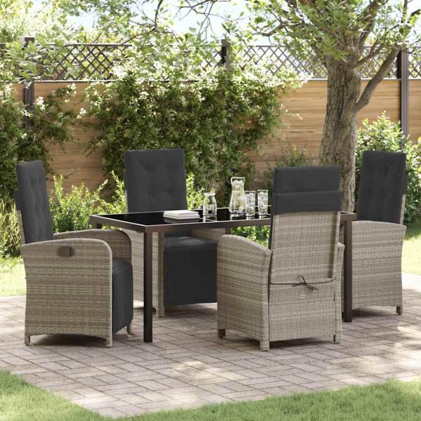 ARDEBO.de - 5-teiliges Garten Essset mit Kissen Hellgrau Poly Rattan, Gartentisch Schwarz 160x80x73 cm Tempered Glass