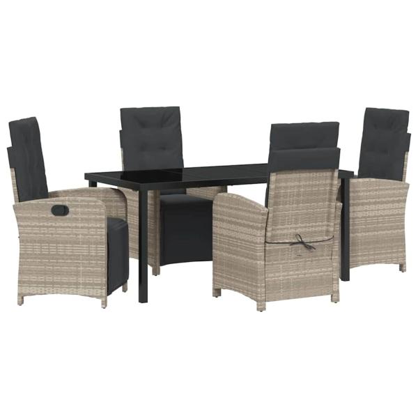 5-teiliges Garten Essset mit Kissen Hellgrau Poly Rattan, Gartentisch Schwarz 160x80x73 cm Tempered Glass