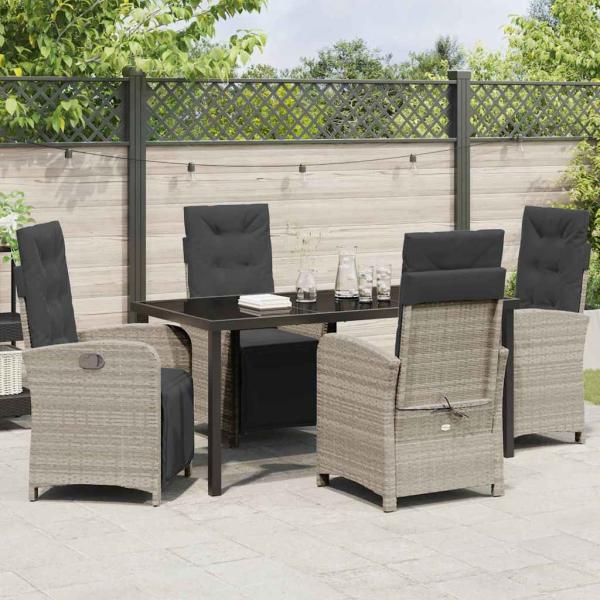5-teiliges Garten Essset mit Kissen Hellgrau Poly Rattan, Gartentisch Schwarz 160x80x73 cm Tempered Glass