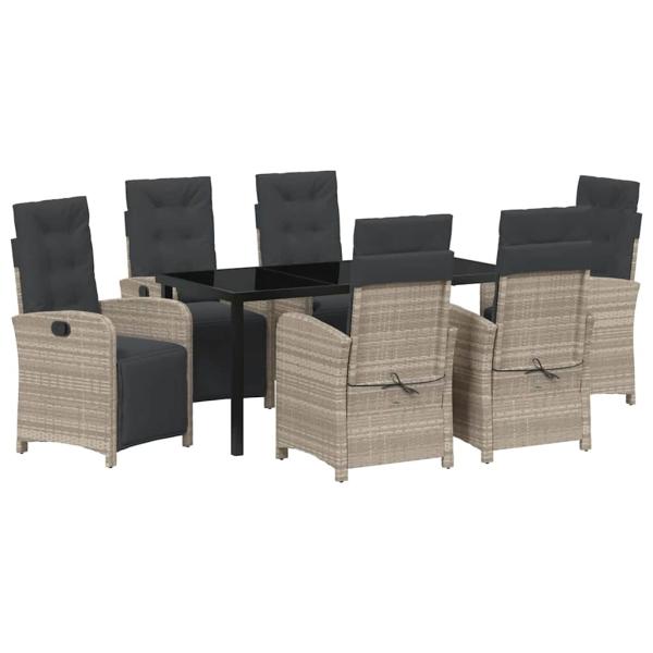 7-teilige Garten Essgruppe mit Kissen Hellgrau Poly-Rattan, Gartentisch Schwarz 160x80x73 cm Sicherheitsglas