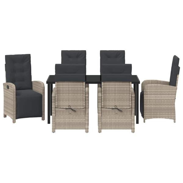 7-teilige Garten Essgruppe mit Kissen Hellgrau Poly-Rattan, Gartentisch Schwarz 160x80x73 cm Sicherheitsglas
