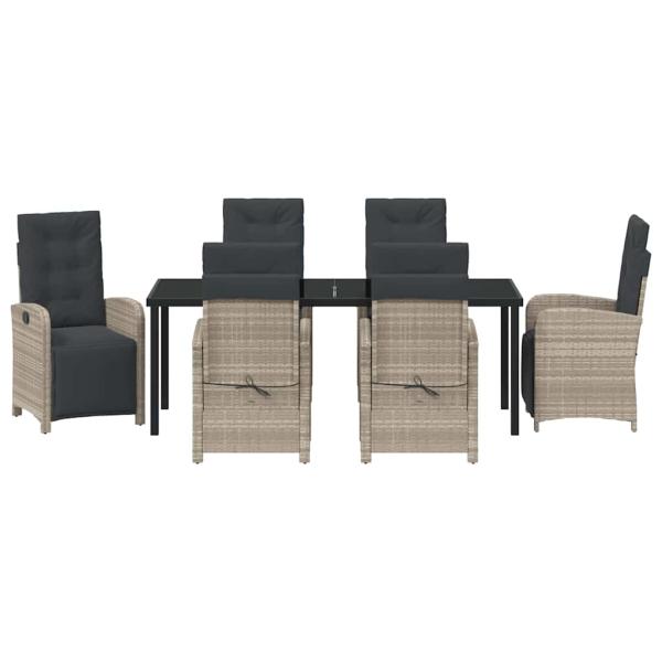 ARDEBO.de - 7-teiliges Garten Essset mit Kissen Hellgrau Poly Rattan, Gartentisch Schwarz 200x80x73 cm Tempered Glass