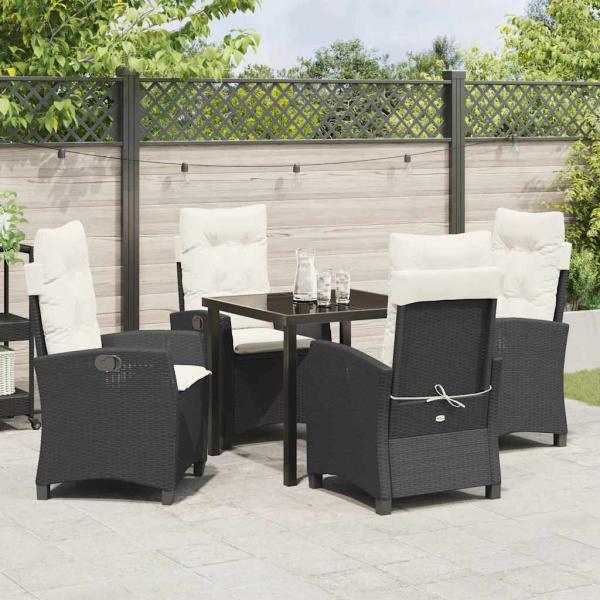 5-teiliges Garten-Essenset mit Kissen Schwarzes Poly Rattan