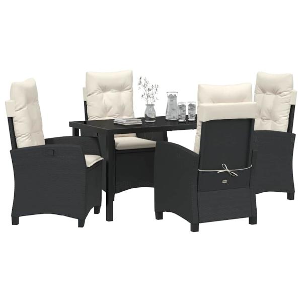 5-teiliges Garten-Esszimmer-Set mit Kissen Schwarzes Poly-Rattan