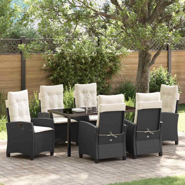 ARDEBO.de - 7-teiliges Garten-Dining-Set mit Kissen, schwarzes Poly-Rattan
