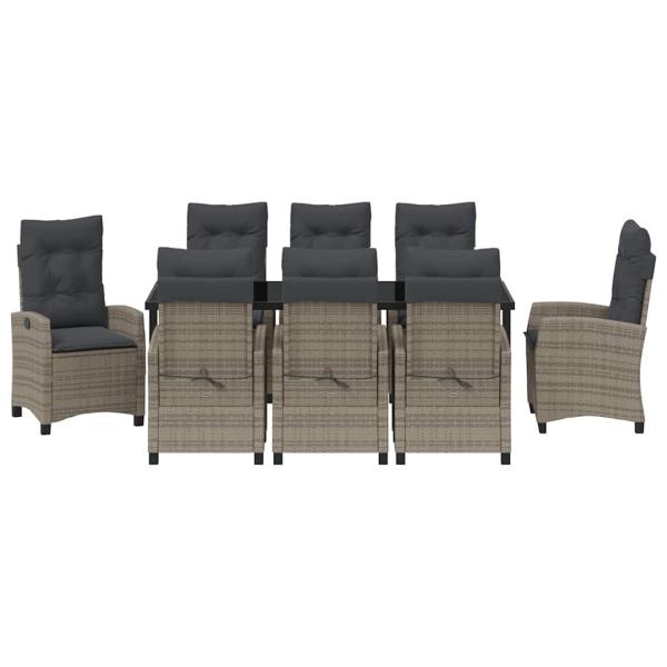 9-teiliges Garten-Esstisch-Set mit Kissen Grau Poly-Rattan