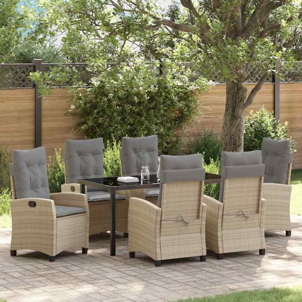 ARDEBO.de - 7-teiliges Garten-Dining-Set mit Kissen in Beige Poly-Rattan