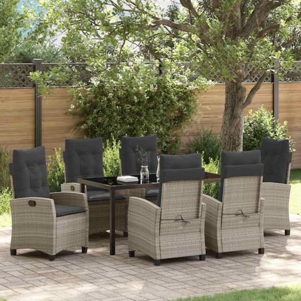 ARDEBO.de - 7-teiliges Garten-Dining-Set mit Kissen in Hellgrau Poly Rattan