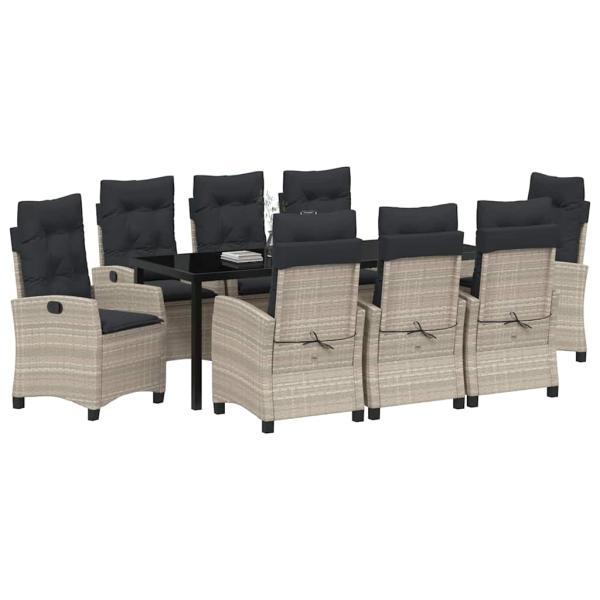 9-teiliges Garten-Esstisch-Set mit Kissen Hellgrauer Poly-Rattan