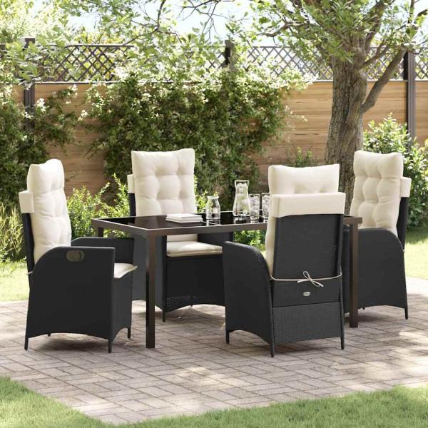 ARDEBO.de - 5-teiliges Garten-Dining-Set mit Kissen Schwarz Poly-Rattan