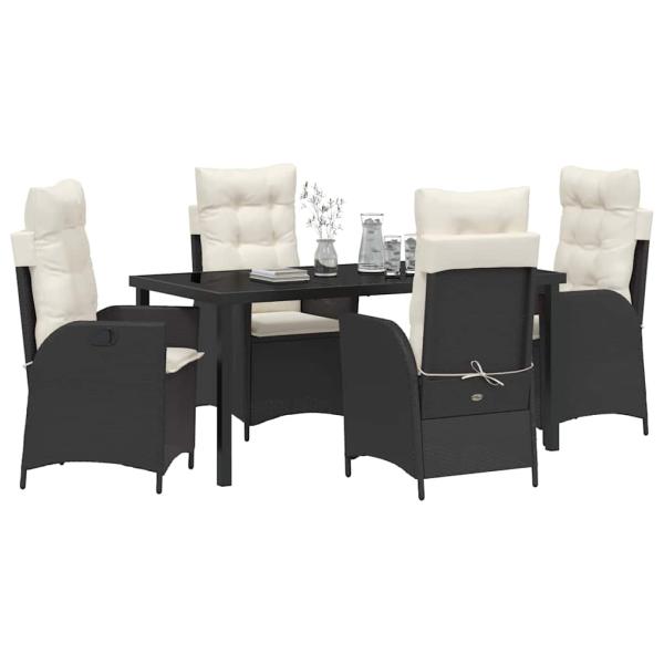 5-teiliges Garten-Dining-Set mit Kissen Schwarz Poly-Rattan