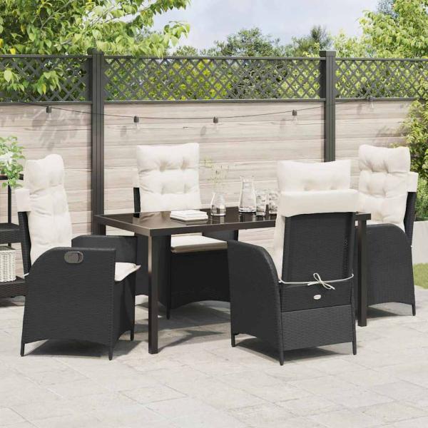 5-teiliges Garten-Dining-Set mit Kissen Schwarz Poly-Rattan
