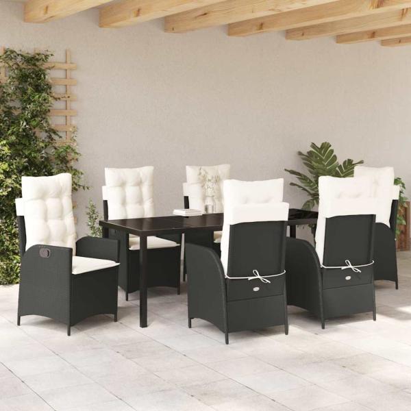 7-teiliges Garten-Diningset mit Kissen - Schwarzes Poly-Rattan