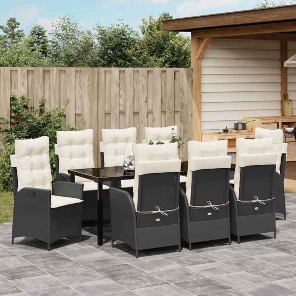 9-teiliges Garten-Dining-Set mit Kissen Schwarz Poly-Rattan