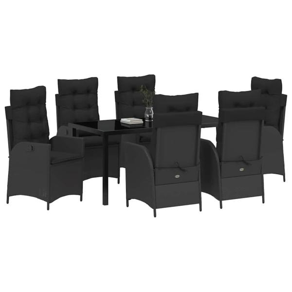7-teiliges Garten-Esszimmer-Set mit Polstern Schwarz Poly-Rattan