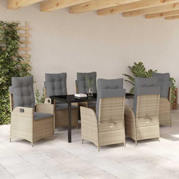 7-teiliges Garten-Diningset mit Kissen Beige Poly-Rattan