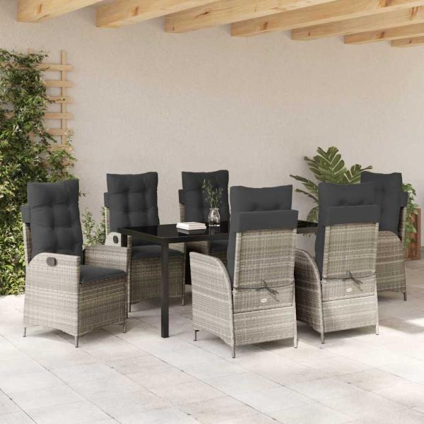 7-teiliges Garten-Dining-Set mit Kissen Hellgrau Poly-Rattan