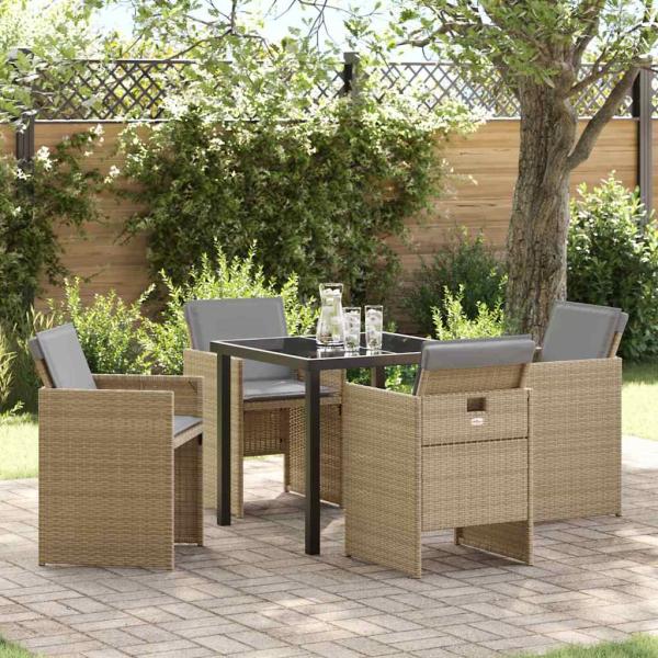 ARDEBO.de - 5-tlg. Garten Esstischset mit Kissen Beige Poly Rattan, Gartentisch Schwarz 80x80x73 cm Temperiertes Glas